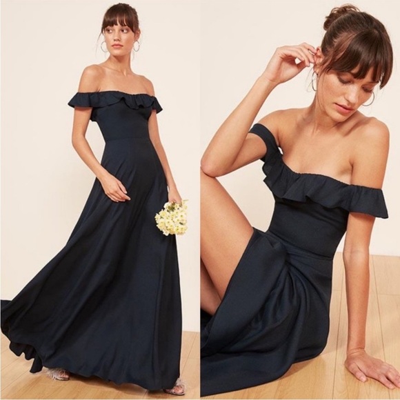 Reformation Dresses & Skirts - Reformation Verbena Off Shoulder Ruffle Maxi Gown Wedding Navy Size 10 EUC